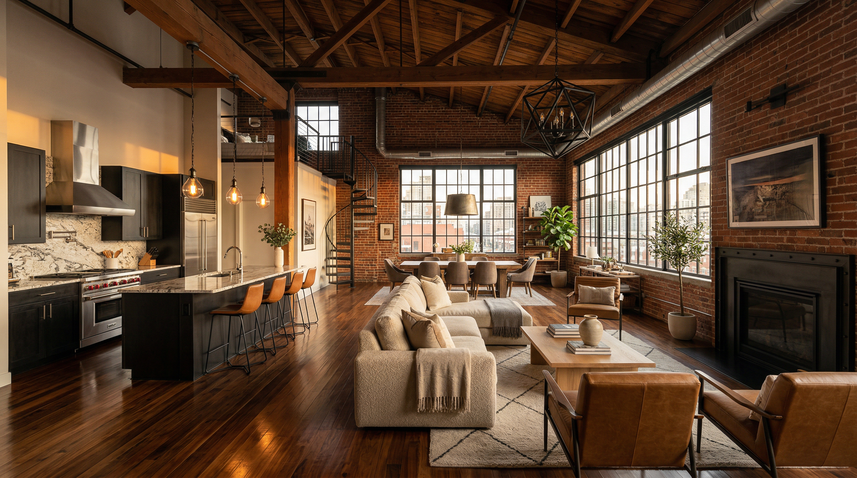 Luxury factory loft interior with exposed brick, high ceilings, and hardwood floors at 430 Virginia