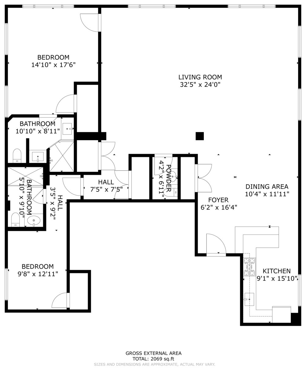 Measured floor plan of the same two-bedroom with room dimensions; total gross external area 2,069 square feet