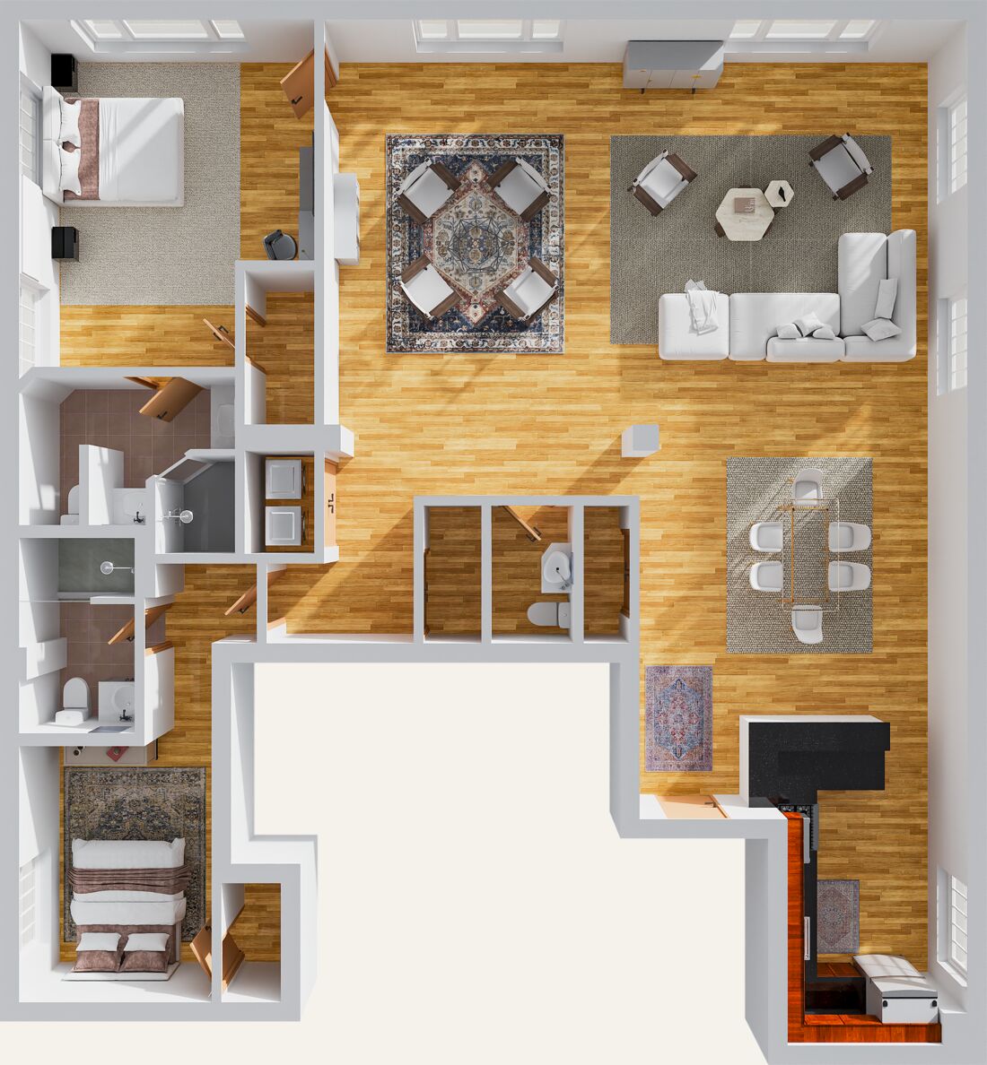 Furnished 3D floor plan of a two-bedroom, two-and-a-half-bath loft: a corner living and dining room with factory windows on two sides, an L-shaped kitchen, two bedrooms with their own baths, and a powder room off the foyer